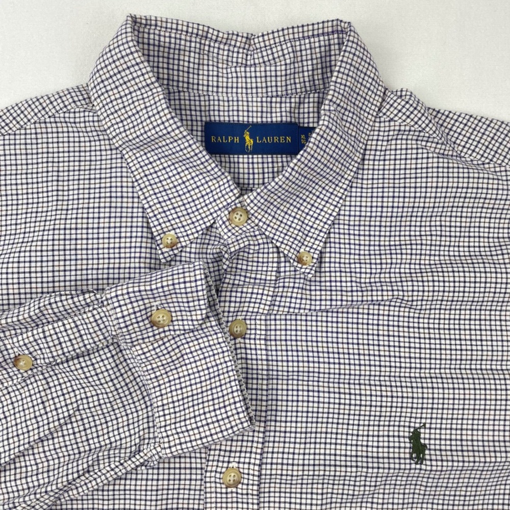 Ralph Lauren Mens XL Button Down Shirt Purple White Check Long Sleeve‎ Logo